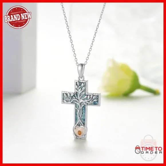 925 Sterling Silver Cross Pendant Necklace with Mustard Seed Tree of Life - Picture 6 of 7